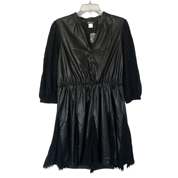 VENUS Faux Leather & Lace Dress Black Size 16 NEW (missing belt tie) - Picture 1 of 13